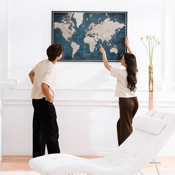 Canvas World Map with Cork Pin Board - English Lettering - Decorative Wall Decoration for All Rooms - Canvas Pictures with World Map Motif (90x60 cm, Pattern 19)