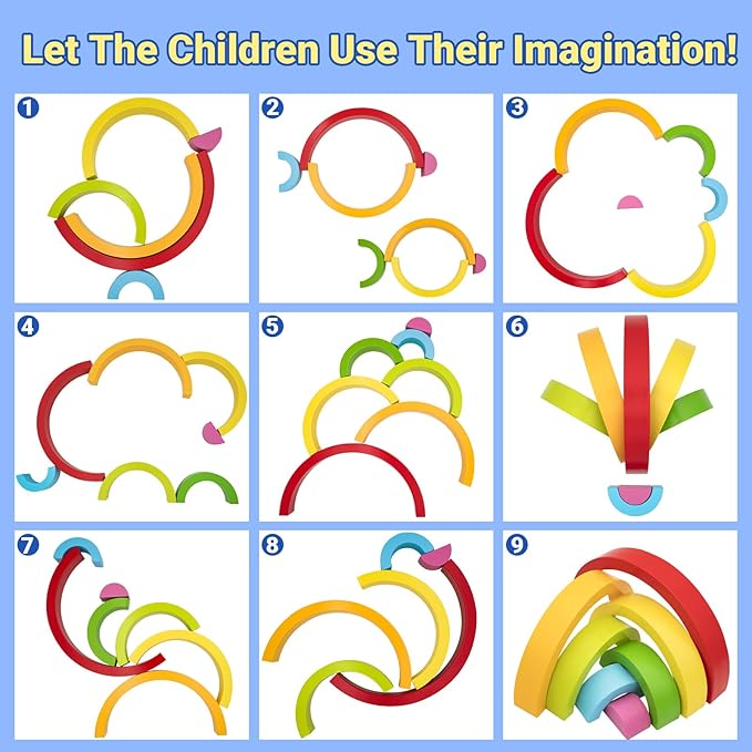Montessori Wooden Rainbow Stacking Toys for Baby Grimms Wood Building Blocks Nesting Puzzle Toy Colorful Stacker Arch Game Sensory Educational Learning Toys for 3-5 5-8 Year Old Toddler