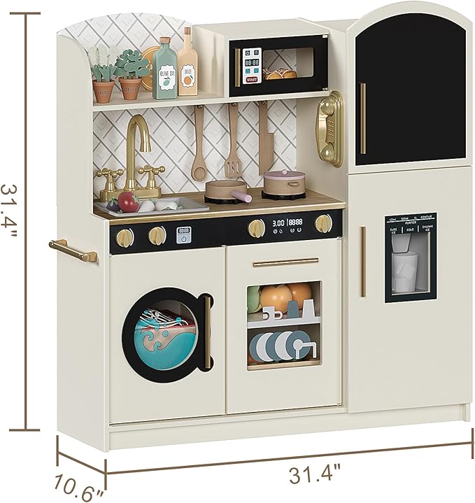 Treocho Play Kitchen for Kids, Wooden Toddler Kitchen Set with Storage, Modern Design Toy Kitchen with Faucet&Sink, Stove, Chalkboard, Icemaker and Various Accessories for Kids Ages 3+, Cream