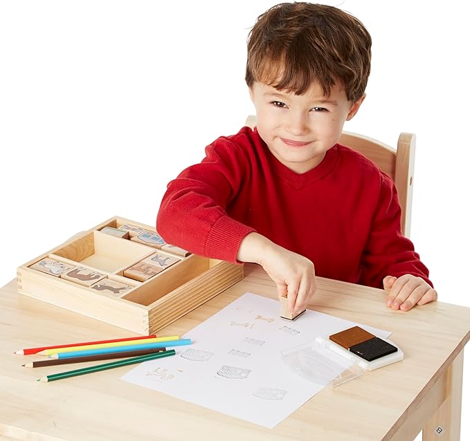 Melissa & Doug Wooden Stamp Activity Set: Horse Stable - 10 Stamps, 5 Colored Pencils, 2-Color Stamp Pad