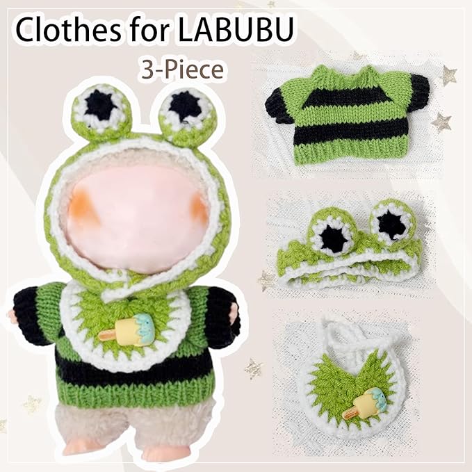 Clothes for Labubu 17cm Labubu Accessories Crochet 3 Piece Set Outfits for Labubu(Frog)