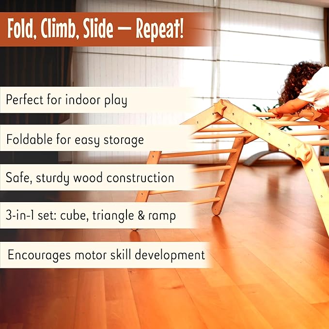 Montessori Climbing Cube and Triangle for Kids | Foldable Climbing Set | Indoor Activity Cube | Climbing Set with Cube and Triangle for Toddler | Foldable Wooden Jungle Gym (CUBE+TRI+RAMP R)