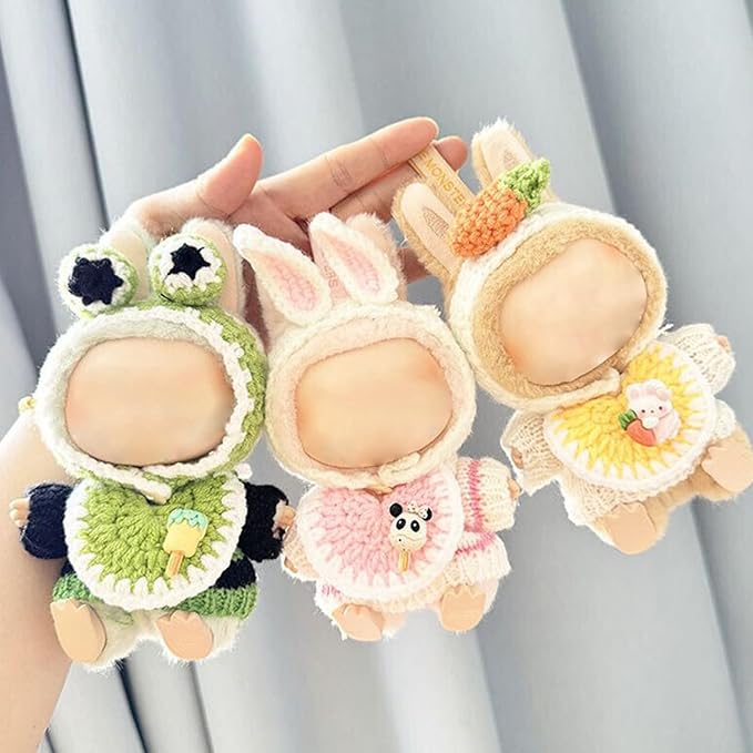 Clothes for Labubu 17cm Labubu Accessories Crochet 3 Piece Set Outfits for Labubu(Pink Rabbit)