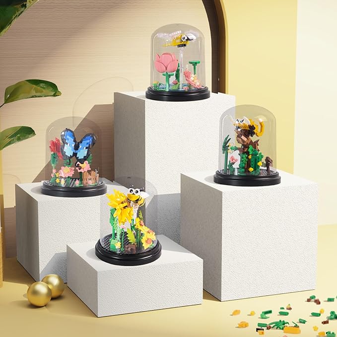 Insect Flowers Collection Micro Building Toy Set with Dust Cover, Flower Plants Bug Botanical Set for Nature Decor, Bug Building Office Home Decorative, Plant Decor Birthday Gift for Adults Kids