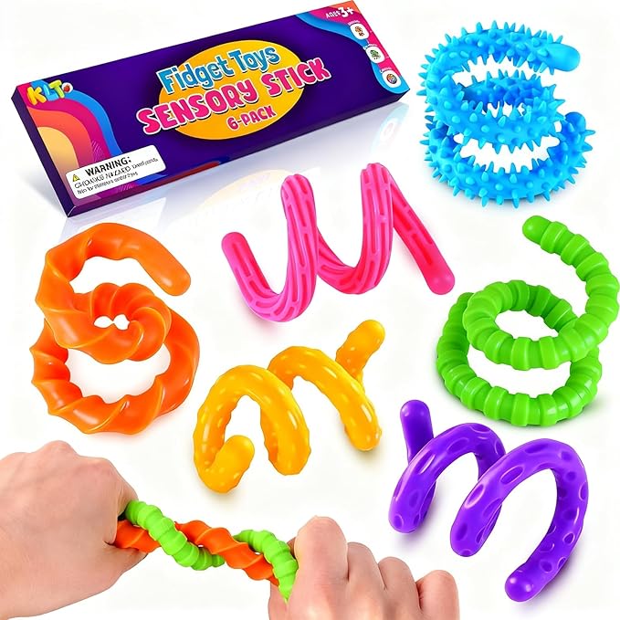Sensory Fidget Toys for Kids: 6 Pack Textured Silicone Fidget Stick for Stress Anxiety Autistic ADHD, Quiet Desk Fidgets for Classroom, Travel Classroom Must Haves, Stocking Stuffers Gifts