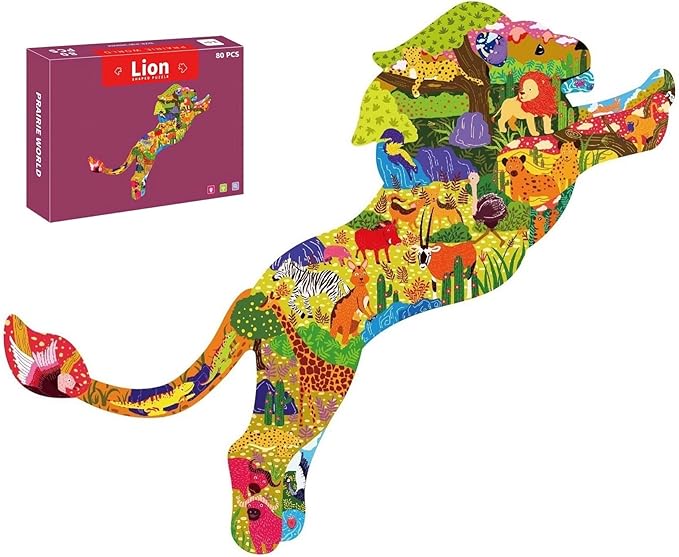 PINU Jigsaw Puzzles for Kids Ages 3-5, 6-8, 8-10, Children Colorful Fun Animal Shaped Puzzle Learning Educational Toys Gifts Games for Boys and Girls (Lion-80 PCS)
