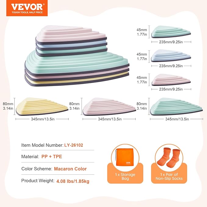 VEVOR Balance Stepping Stones for Kids, 6 PCS, Up to 220 lbs, Non-Slip Toddlers Sensory Stepping Stones, Obstacle Course Coordination Game Toys Indoor or Outdoor Play for Children Aged 3 4 5 6 7 8+