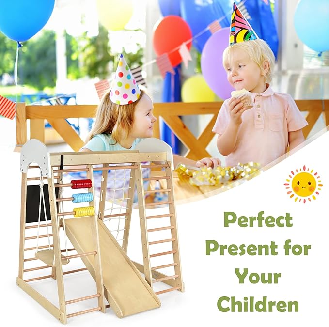 Costzon Indoor Jungle Gym, 8-in-1 Montessori Beech Wood Climbing Toys for Toddlers w/Double-Sided Slide, Climbing Rock/Net, Indoor Playground Climber Playset for Kids 3+ Years Birthday