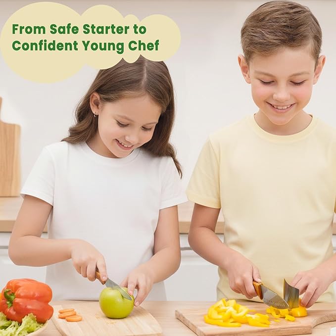 Kibbidea Kids Knife Set 4-Pieces, Stainless Steel, Wooden Handle Kids Knives for Real Cooking, Child Friendly Chef Knife for Cutting Chopping, BPA-free Kitchen Knives for Teenager 8-12
