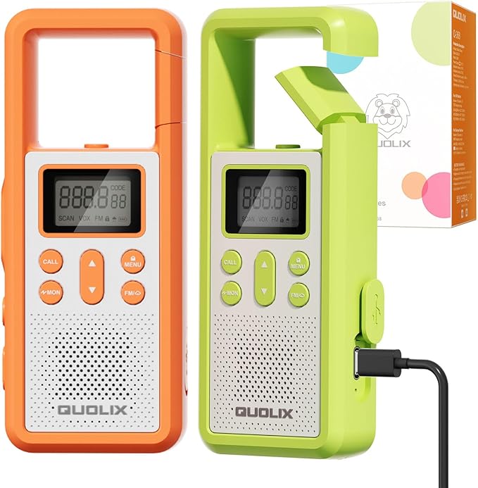 QUOLIX Walkie Talkies for Kids 2 Pack Rechargeable with NOAA & VOX, Kids Walkie Talkies with Long-Lasting Battery Toys for 3-12 Year Old Boys Girls, Durable Outdoor Gifts for Camping, Hiking Games
