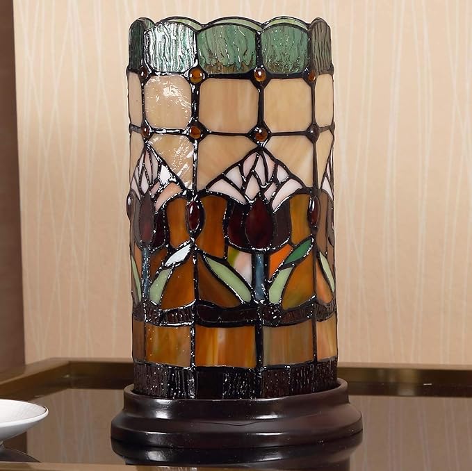 Bieye L10648 Tulip Flower Tiffany Style Stained Glass Mini Table Lamp Night Light with 5-inch Wide Lampshade for Bedside Bedroom Living Room Home Decoration, 10 inches Tall