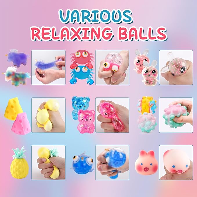 54 Pack Stress Balls, Squishy Balls, Squeeze Balls for Adults, Stress Relief Balls, Prize Box Stuffers, Party Favors