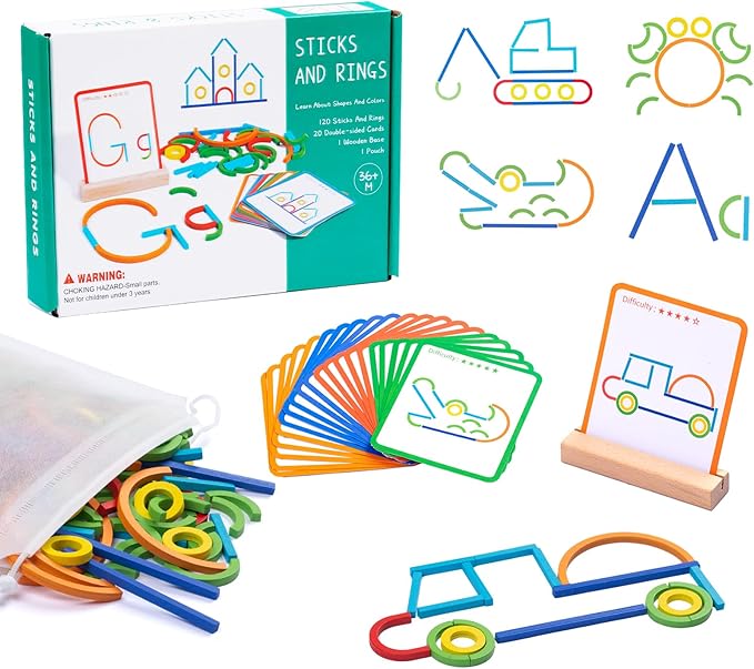 142pcs Wooden Pattern Blocks Shape Puzzles Sticks & Rings Wooden Tangram Puzzle Stem Preschool Brain Teaser Montessori Toys Gift for 3 4 5 Years Old Activity Kids Boy Girl