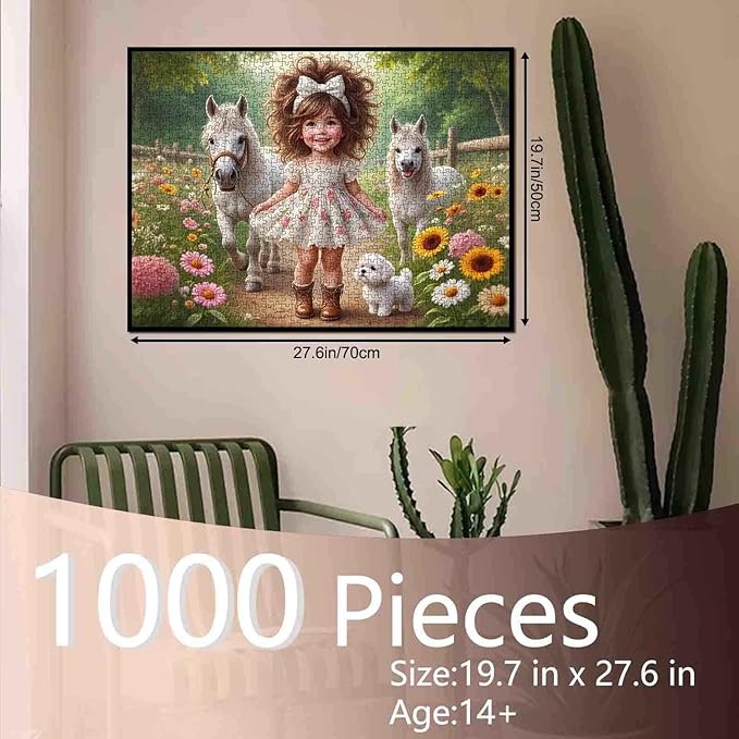Tucocoo Cute Little Girl 1000 Piece Jigsaw Puzzle for Adults, Country Girl White Ponies Puppy Floral Path – Vintage Farm Scene for Family Games Challenging Puzzles, Rustic Wall Art DIY Crafts Gifts
