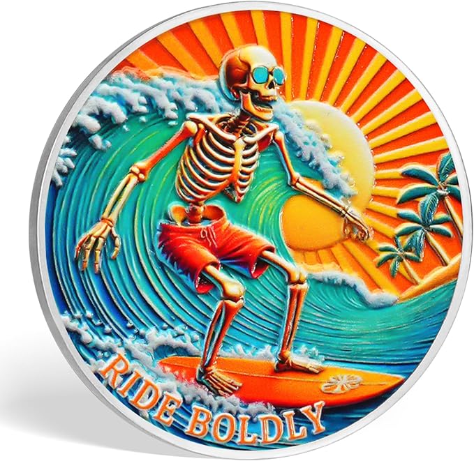 AtSKnSK Memento Mori Coin Momento Mori Coin Skull Coin Stoic Gifts Memento Mori Calendar Living Memento Mori Amor Fati Coin (Surfing Skeleton)