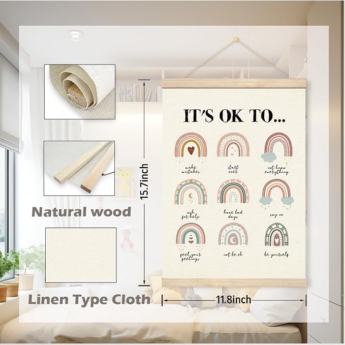 Inspirational Poster Hanger Frame, Mental Health Wall Art, It's Okay to Make Mistakes Banner, Motivational Quote Hanging Canvas Pictures Prints, Wall Decor for Classroom Therapy Counselor Office