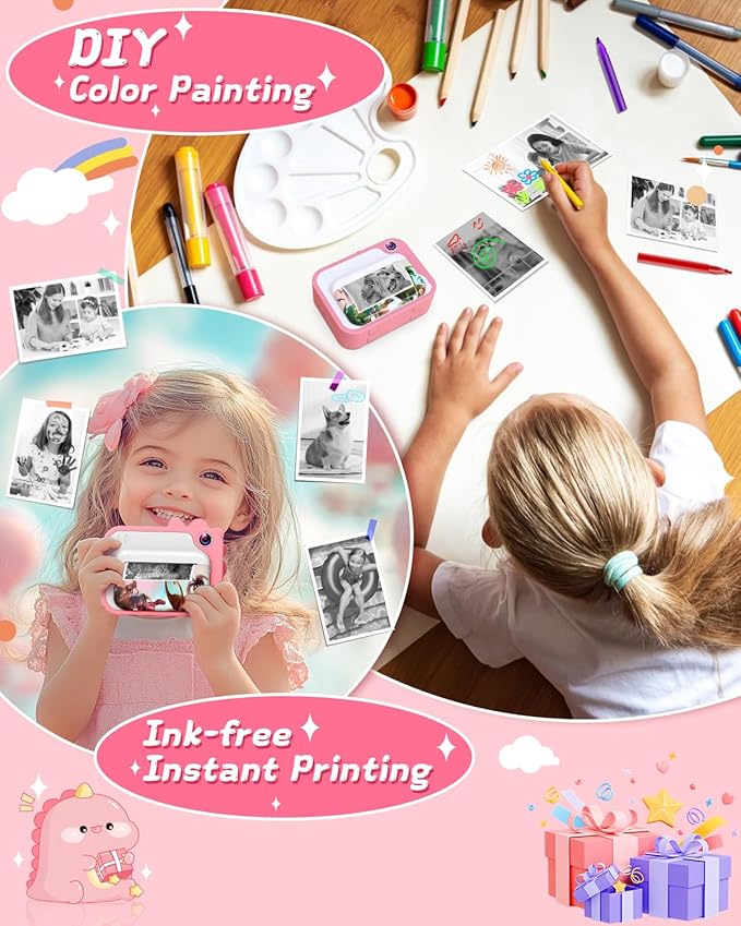 Kids Camera Instant Print, Dinosaur Instant Print Camera for Kids with 1080P Video, 32GB SD Card, 240 Photos, Christmas Birthday Gifts for Boys Girls Ages 3-12 (Pink)