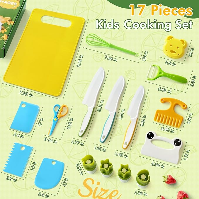 Chanking 17 Pieces Kids Knife Set for Real Cooking Child-Friendly Plastic Chef Tools, Montessori Kitchen Toys, Gifts for Boys and Girls Ages 3+
