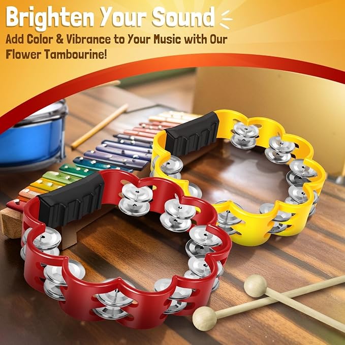 Flexzion Flower Tambourine - 8 Inch Handheld Percussion Instrument w/Metal Jingles & Ergonomic Grip - Small Tambourines for Adults, Kids, Church, Parties, & Musical Events (2 Pack - Red & Yellow)