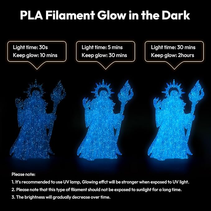 AMOLEN Glow in The Dark 3D Printer PLA Filament Halloween Bundle, Glow Filament Shiny Firefly Blue, Orange, Green and White, 1.75mm PLA Filament, Dimensional Accuracy +/- 0.02 mm, 200g X 4 Pack