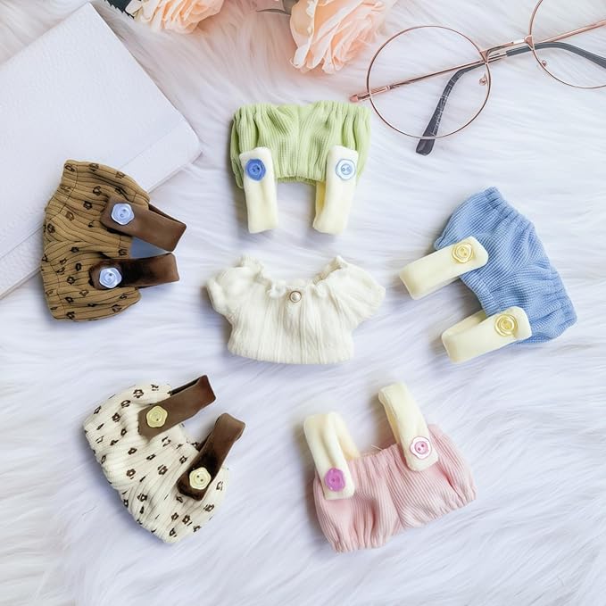 Clothes for Dolls Accessories (No Doll), Cute Outfit Set 5 Pieces Bib Pants for 15 & 17cm Doll Suit, Stylish Dress Up Overalls Doll Clothing Set Replacement with Hat Clothes Shoes Pink