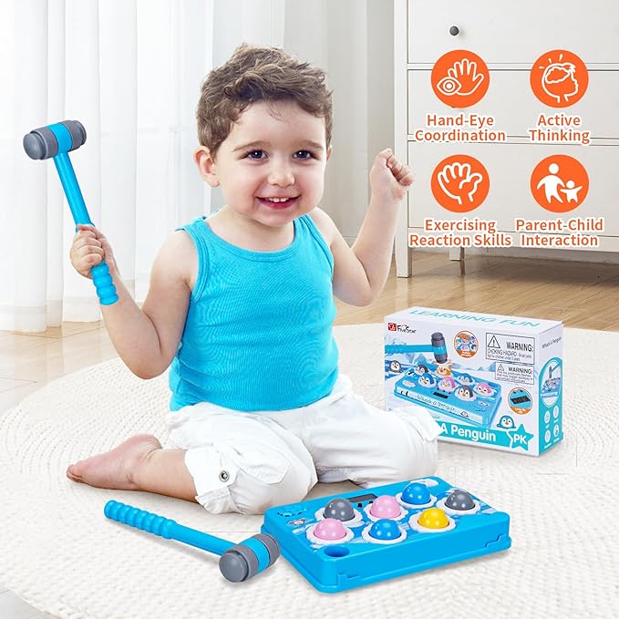 FS Pounding Toys, Penguin Pounding Game for Toddler, Interactive Music Toys for Kids Ages 3-5 Years Old Boys and Girls, Game Toy with 2 Hammers, 36 Levels