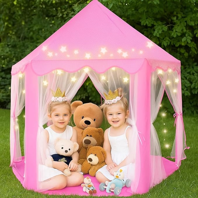 Kid's Play Tent, Ceither Princess Castle Girls Playhouse with Star Lights, 55" x 53" (L x H) Pink Princess Tent Indoor Outdoor for Imagination Interactive Play