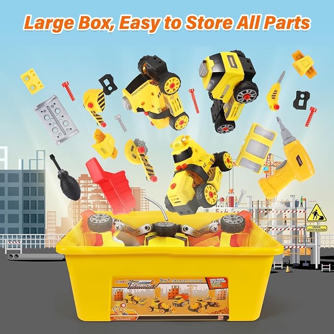 9 in 3 Take Apart Toys with Electric Drill Take Apart Truck Construction Set DIY Engineering Building Push Go STEM Toy Gift for Boys Ages 4-7 Years Old Gift