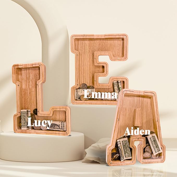 Wooden Letter Piggy Bank for Kids Larger Letter Piggy Bank for Boys and Girls Personalized Piggy Bank Initial Coin Bank Wood Kids Money Bank for Birthday and Festival