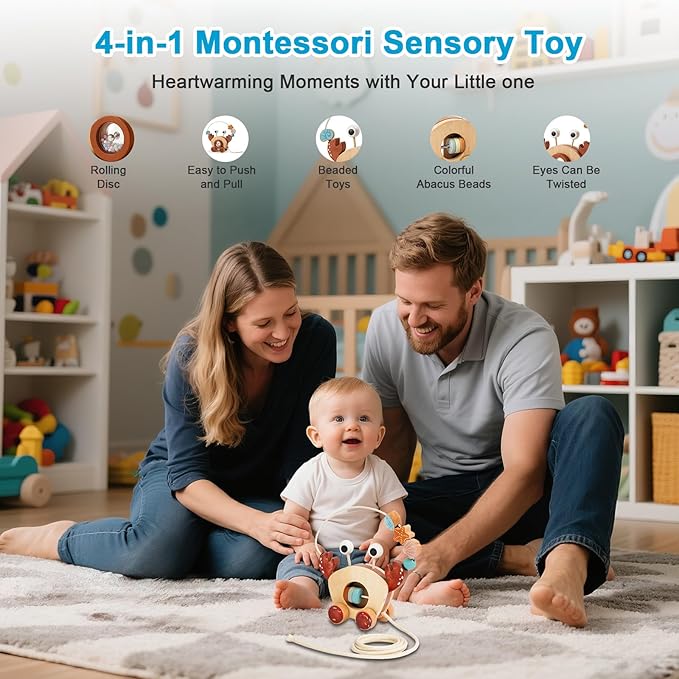 Pull Along Walking Toys. Wooden Crab Push and Pull Toy with Bead Maze, Wire Roller Coaster. Montessori Early Development Toy for Babies and Toddlers