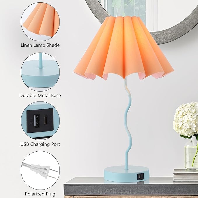 Table Lamps for Living Room - Blue and Orange Modern Dimmable Lamps with USB Port and Outlet