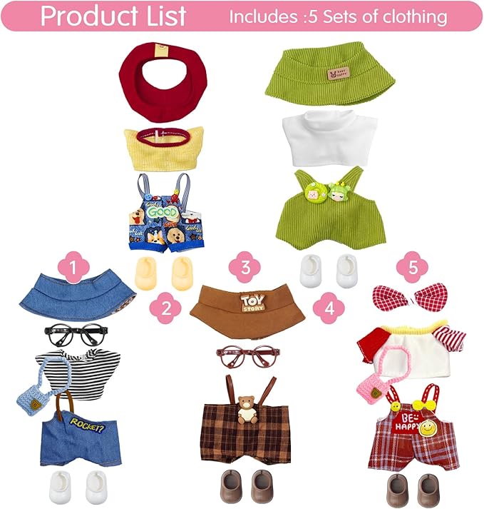 Doll Clothes Set for Labubu 15cm/17cm, Stylish Outfits with Hat & Accessories, Cute Fashion Doll Clothing for Boys & Girls (No Doll Included)