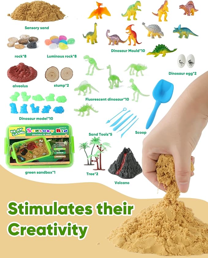 Dinosaur Sensory Bin Toy for Toddlers and Play Sand Set for Kids Include Glow in The Dark Dinosaur Ages 3-6+