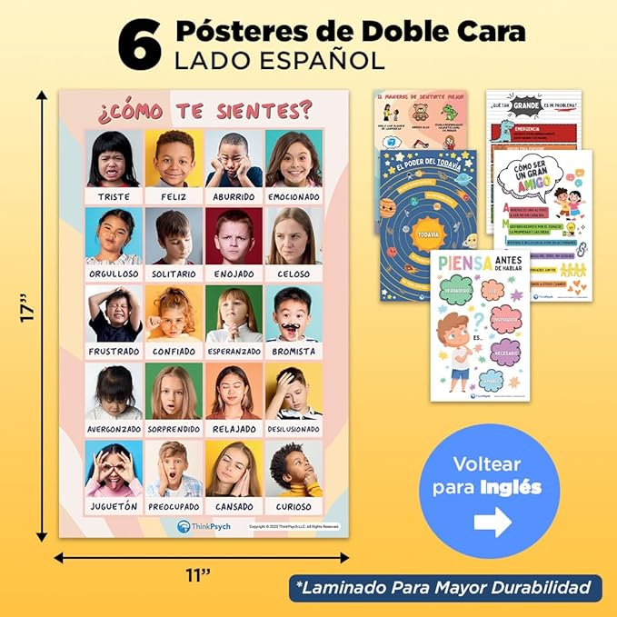 6 Laminated Feelings Posters for Kids - English & Spanish - Calm Down Corner Supplies - Therapy & School Counselor Supplies - Emotions Posters for Home and Calming Corner Classroom