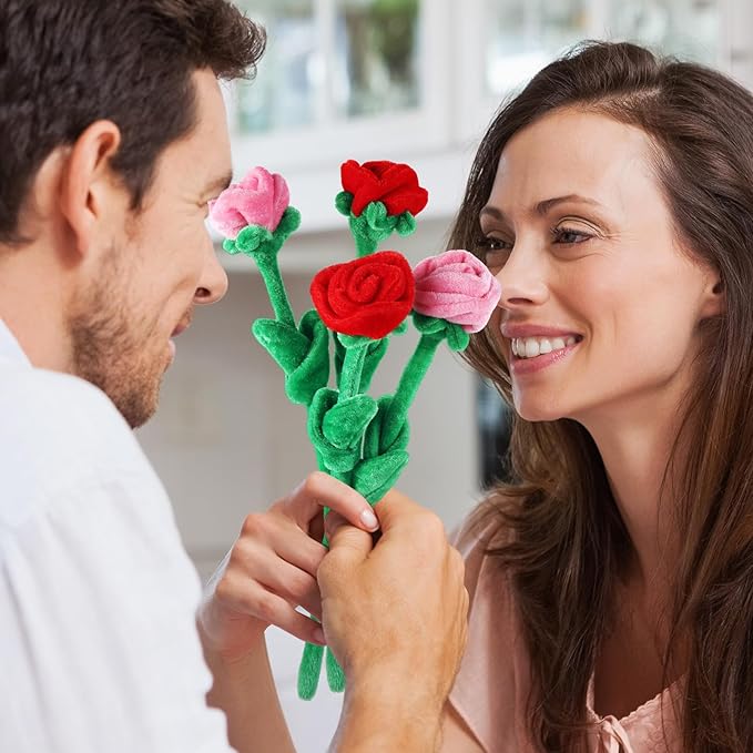 18 Pcs Plush Rose Flower Stuffed Bendable Stems Plush Bouquet Toy Soft Floral 12.6 Inch for Graduation 2025 Mother's Day Valentines Day Girl Girlfriend Wife Family and Friends(Red Pink Series)