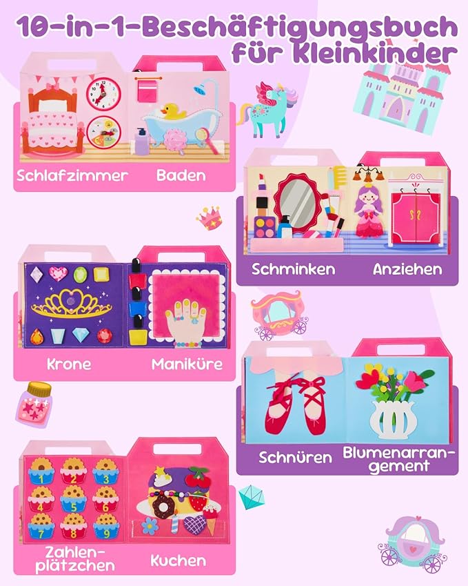 Princess Busy Board for Toddlers 2-4,Montessori Toys for 2 Year Old Girl,Educational Learning Sensory Activities Busy Book,Baby Travel Essentials for Airplane Car,Kid Birthday