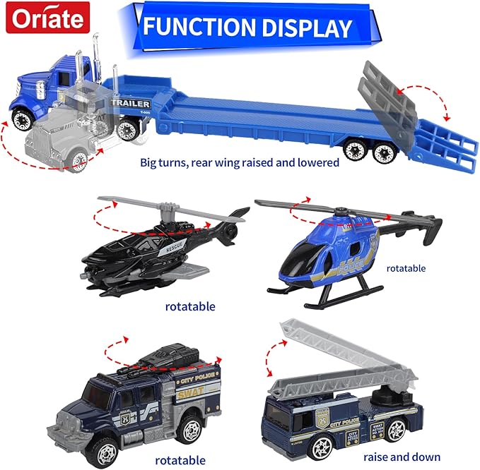 Oriate Diecast Police Rescue City S.W.A.T. Car Toys Set w/Heavy Duty Trailer Patrol, 13PCS Alloy Mini Police Vehicles Transport Trailer, Road Signs and Birthday Cake Topper Stickers for Kids