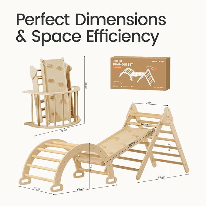 Tiny Land Pikler Triangle Set, 7-in-1 Foldable Pikler Triangle Climbing Toys Set for Kids,Baby Indoor Playground Jungle Gym, Wooden Montessori Climbing Set for Toddler (Natural,Large)