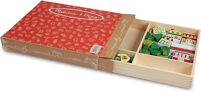 Melissa & Doug Wooden Town Play Set with Storage Tray (32 pcs) Pretend Play Wooden Town Set for Kids with Storage