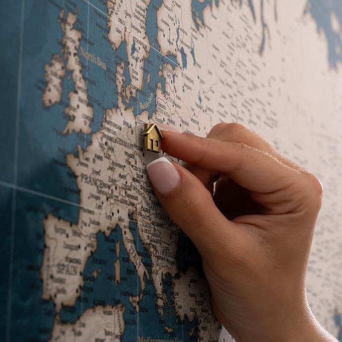 Canvas World Map with Cork Pin Board - English Lettering - Decorative Wall Decoration for All Rooms - Canvas Pictures with World Map Motif (90x60 cm, Pattern 19)
