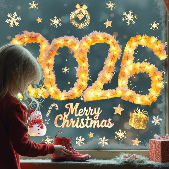 Christmas Window Stickers Clings Cute Snowman Snowflake Winter Golden Light String Pattern Window Decal Decoration Glass Windows Sticker for Xmas 2026 New Year Party Decor Accessories