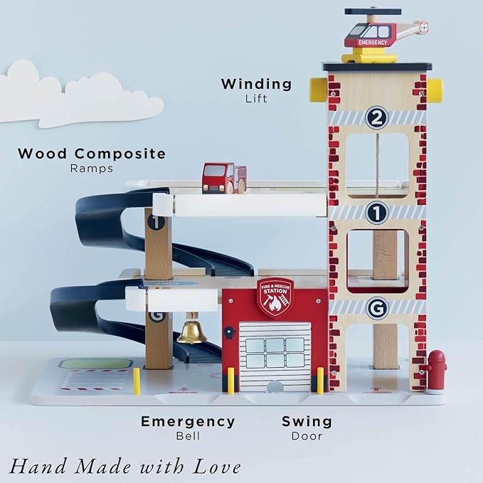Le Toy Van Wooden 3 Storey Fire & Rescue Garage Toy Car Play Set, Vehicle Role Play Toys, Suitable for 36+ Months, TV453
