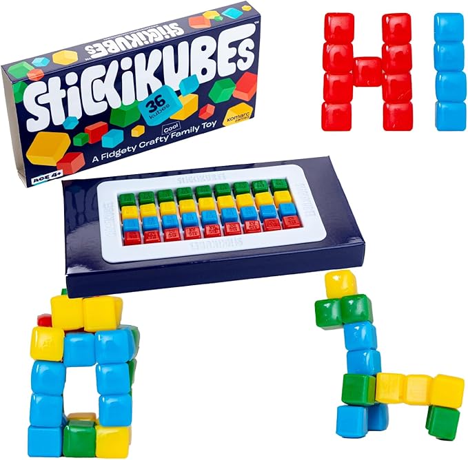 KOMARC GAMES StickiKubes, Mini Stacking Cubes That Stick to Anything, Non Toxic Kid Safe Sticky Blocks, Creative Construction Toy - 36 Cubes, 4 Colors, Display Easel