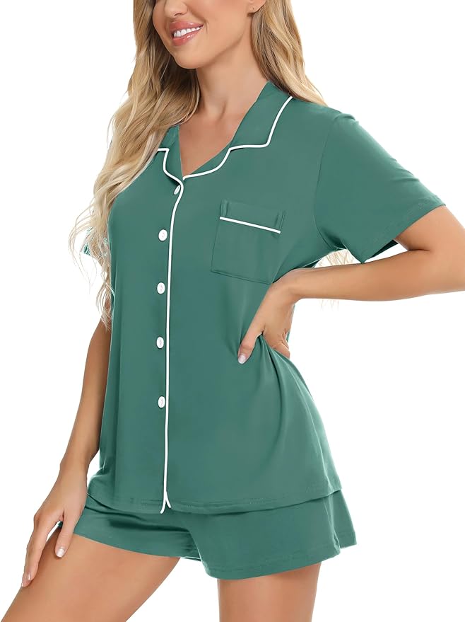 SWOMOG Womens Button Down Pajamas Set Short Sleeve Sleepwear Bride Soft Pj Lounge Sets XS-3XL