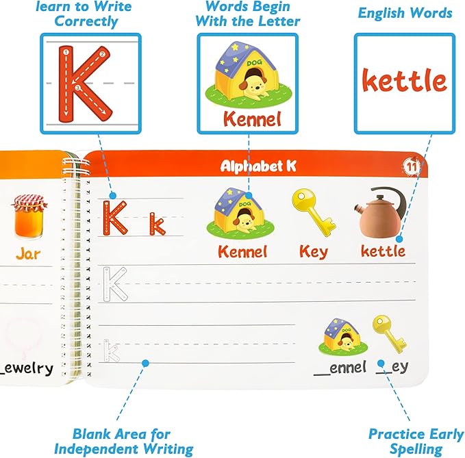 Handwriting Practice - Tracing Books for Kids Ages 3-5, Montessori Preschool Learning Activity, Autism Educational Learn Number Letters Shapes Animal & Sight Words Workbook with 8 Dry Erase Markers