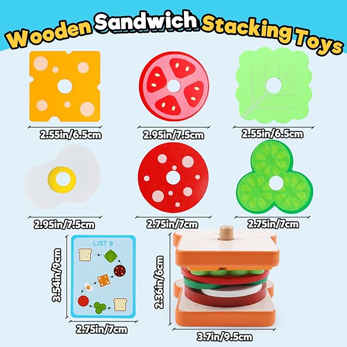kizh Wooden Sandwich Sorting Stacking Toys Play Food Set for Toddlers Preschool Educational Montessori Toys Fine Motor Toy for Kids Boys Girls