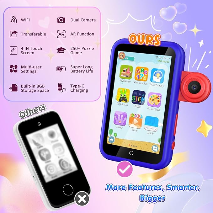 VATOS Kids Smart Phone Toy for Girls Boys 3 4 5 6 7 8 9 Years Old, 4" Large Touchscreen Spider Style Kids Cell Phone with Dual Camera, Music Player, Puzzle Game, 8GB Memory Learning Toy Birthday Gift