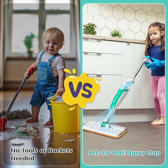 EP EXERCISE N PLAY Kids Spray Mop That Really Works - Toddler-Size Kids Cleaning Toy Set - Small Mop with Real Squeeze Water Sprayer - Mini Mops for 3 4 5 Years Old