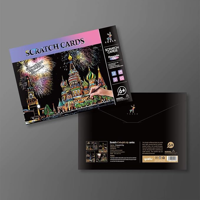 Scratch Art for Adults Kids, Rainbow Painting Night View Scratchboard(A4), Crafts Set: 8 Sheets Scratch Cards with 6 tools in Bag - Fireworks, Big Ben, Cristo Redentor, Ferris Wheel(Landmark Building)