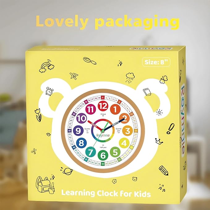 Roymnie12 Inch Wall Clock for Kids Learning to Tell Time Easily Analog Non Ticking Battery Operated Kids Teaching Clock Silent Colorful Teaching Time Clock Decorative for Kids Room Classroom School